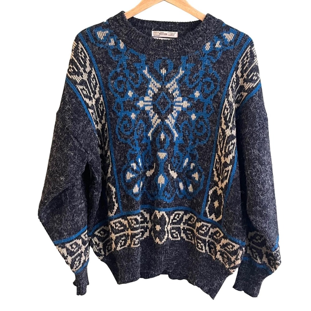 VTG Uniform Code Blue Fair‎ Isle Geometric Crewneck Wooly Sweater Medium Men's